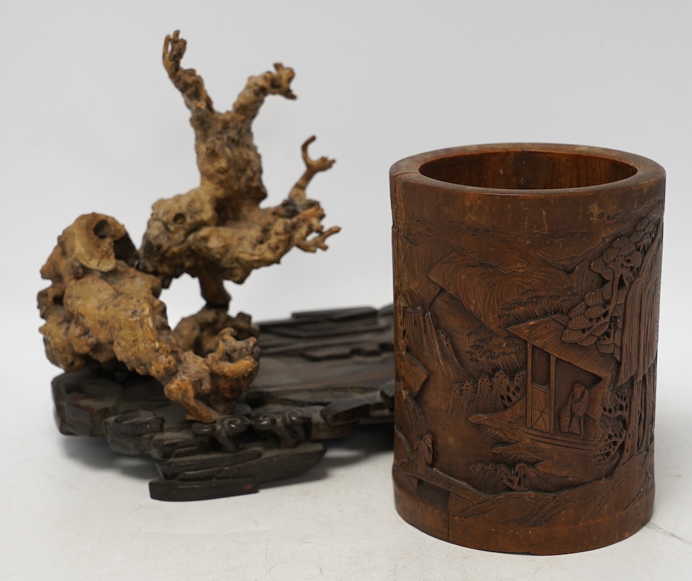 A 19th century Chinese bamboo brushpot and a rootwood and rosewood scholar's stand, root wood stand 30cm wide. Condition - some damage and repairs
